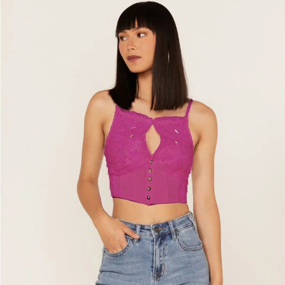Free People Have My Heart Lace Tank Cotton Crop Top Pink Purple Buttons Summer - Picture 9 of 10